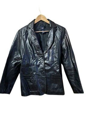 VTG GAP Women's Black Leather Jacket M Bikercore Y2K Genuine Urban Indie Sleeze